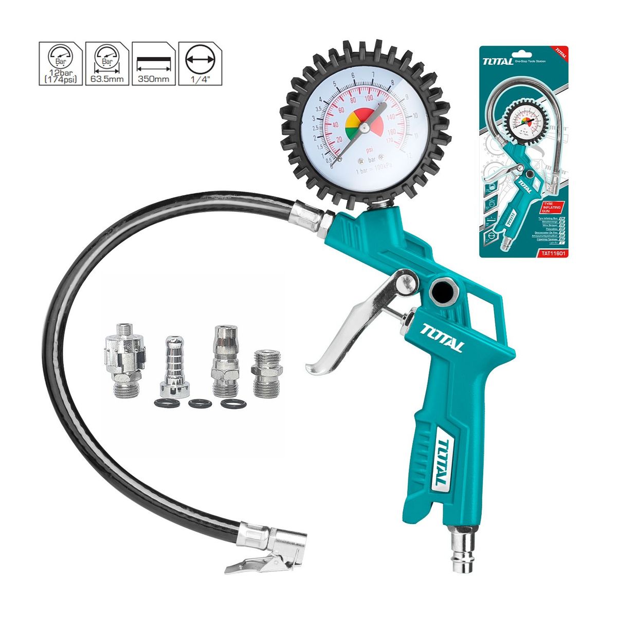 TOTAL TOOLS - PISTOLA NEUMÁTICA 12BAR MEDIDOR DE PRESIÓN INFLADOR TOTAL - TAT11601