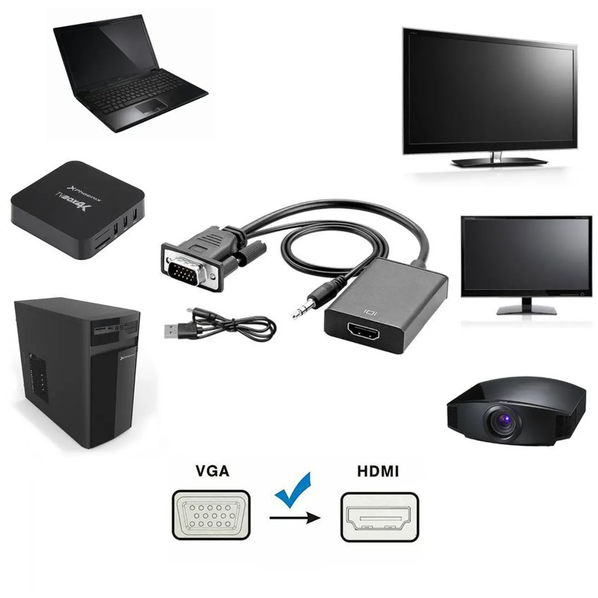 GENERICO - Cable adaptador vga a hdmi audio jack 35mm convertidor