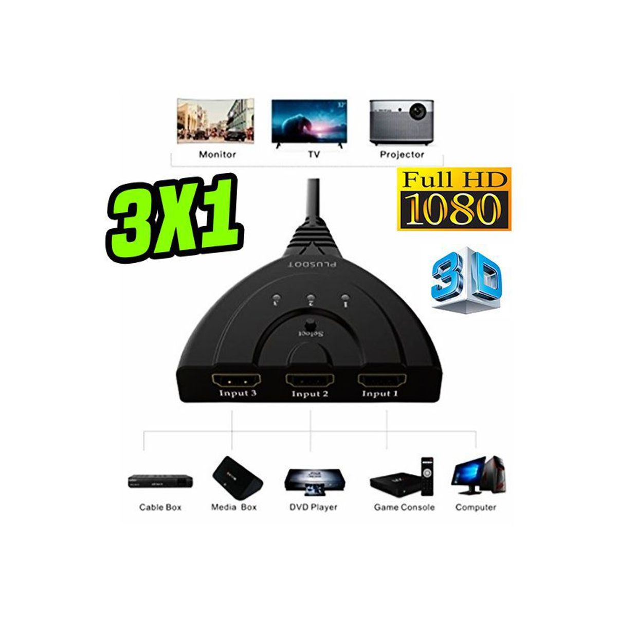 GENERICO - Switch splitter hdmi 3 -1 hub hd 3d tv bluray ps4 deco pc