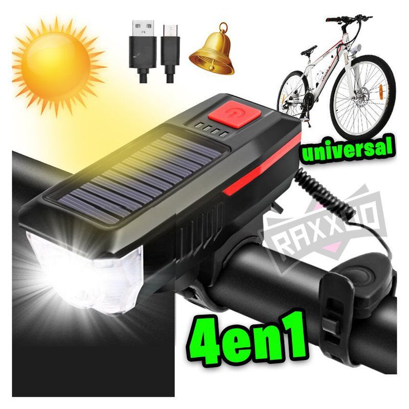 GENERICO - Luz para bicicleta solar 4 en 1 con timbre bocina foco led cable usb