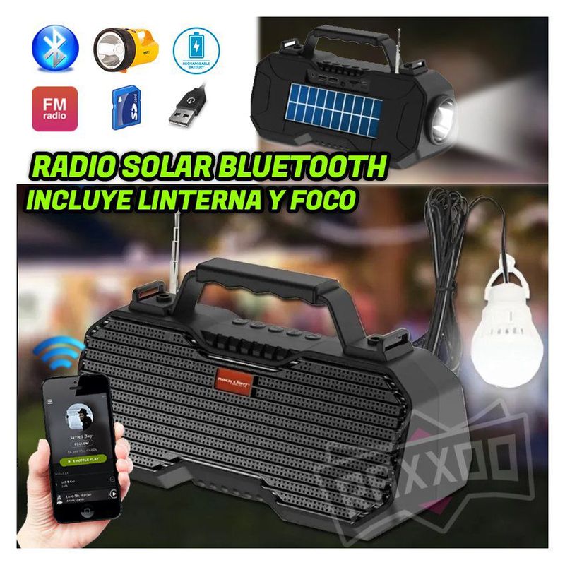 GENERICO - Parlante radio solar fm bluetooth foco de emergencia linterna y panel