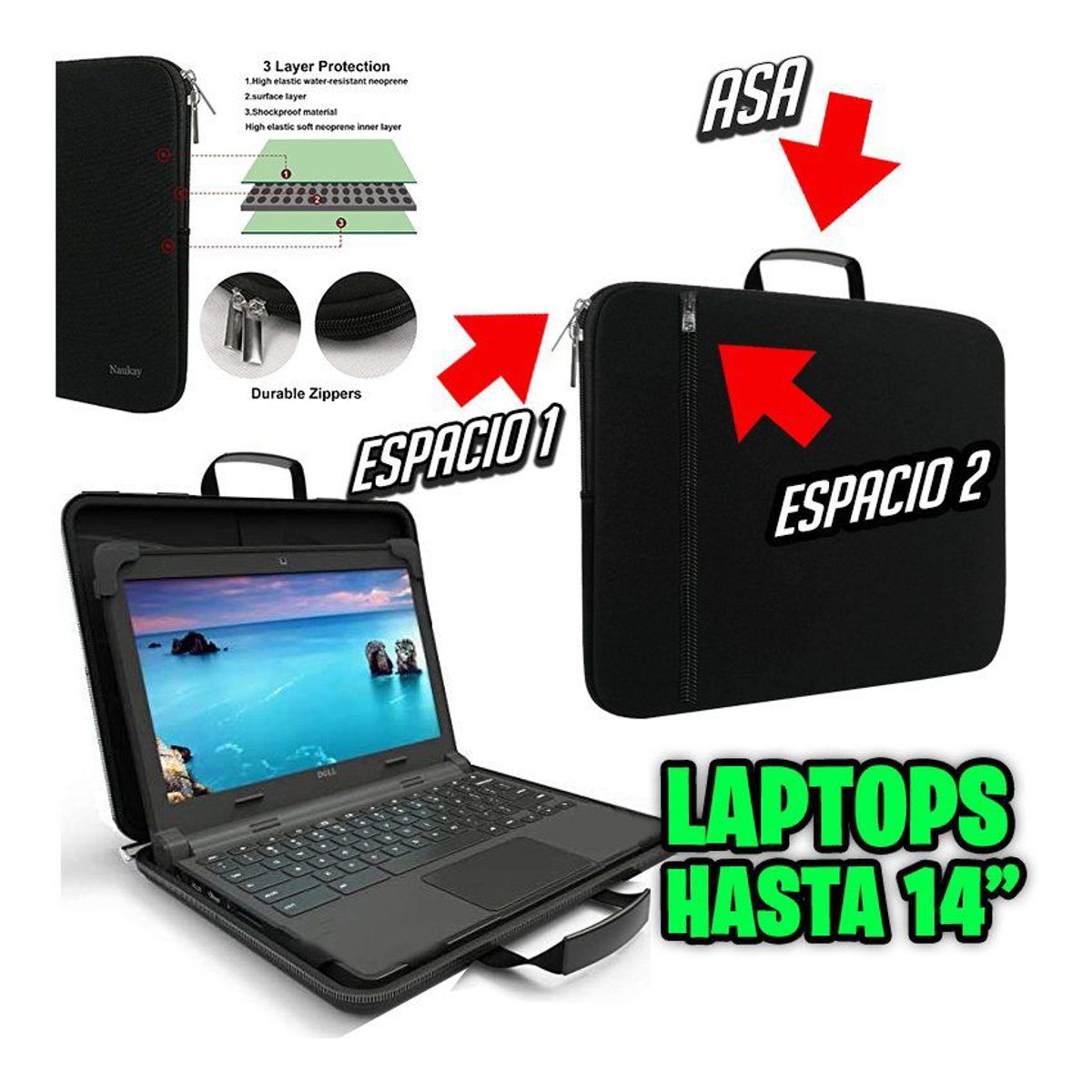 GENERICO - Funda maletin para laptop hasta 14 doble cierre maletin mochila c asa