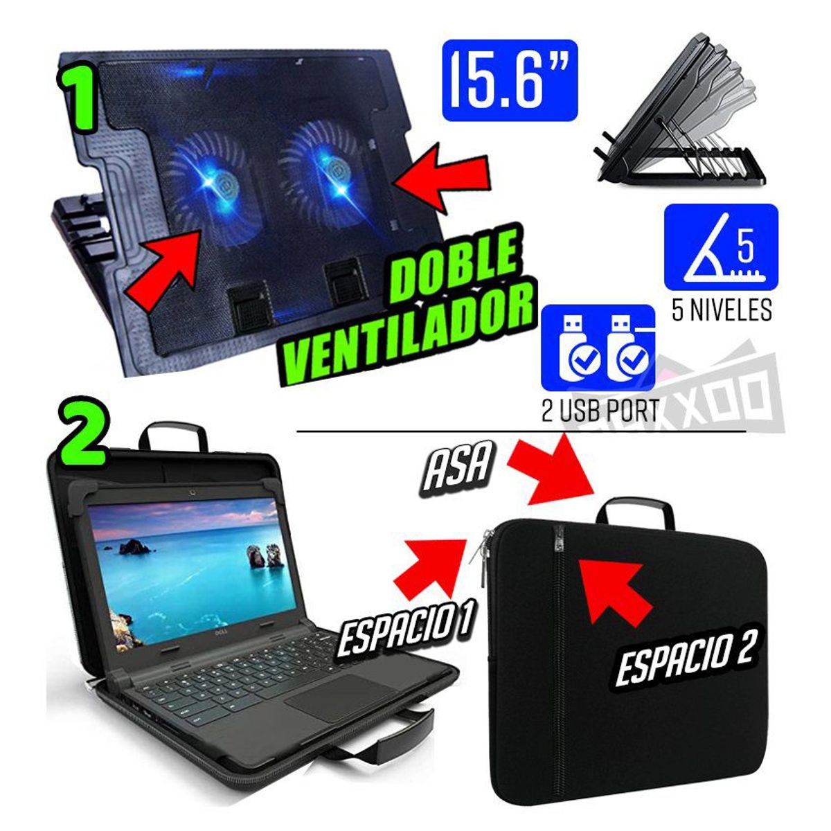 GENERICO - Kit cooler doble led p laptop usb 15.6  + funda para laptop maletin