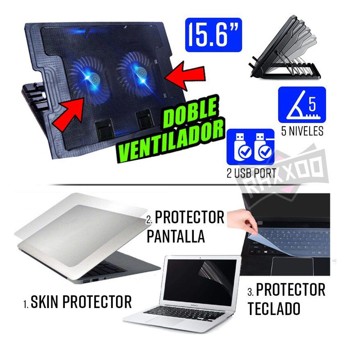GENERICO - Kit cooler doble led p laptop 15.6 + skin protector pantalla teclado