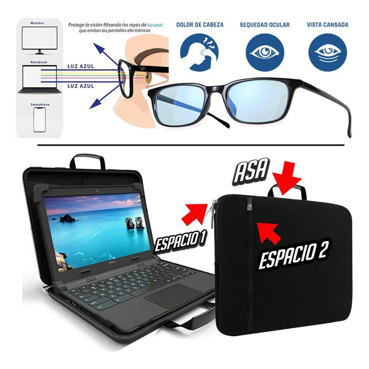GENERICO - Kit funda maletin laptop 15" 15.6 16 + lentes computadora con filtro