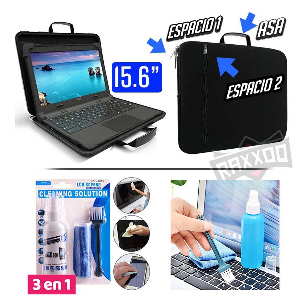 GENERICO - Combo funda para laptop 15 16 15,6 maletin +  kit limpieza 3 en 1
