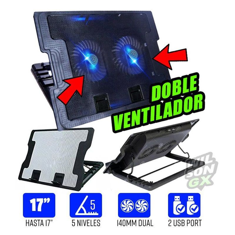 GENERICO - Cooler laptop 14 a 17 doble ventilador 2 usb reclinable led laptop pc