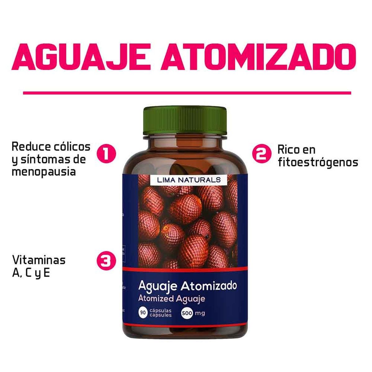 LIMA NATURALS - Pack 03 Frascos Aguaje Atomizado 90 Cápsulas Lima Naturals.