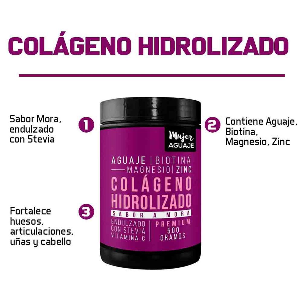 MUJER AGUAJE - Colágeno Mujer Aguaje 500 g Sabor Mora Pack x 3