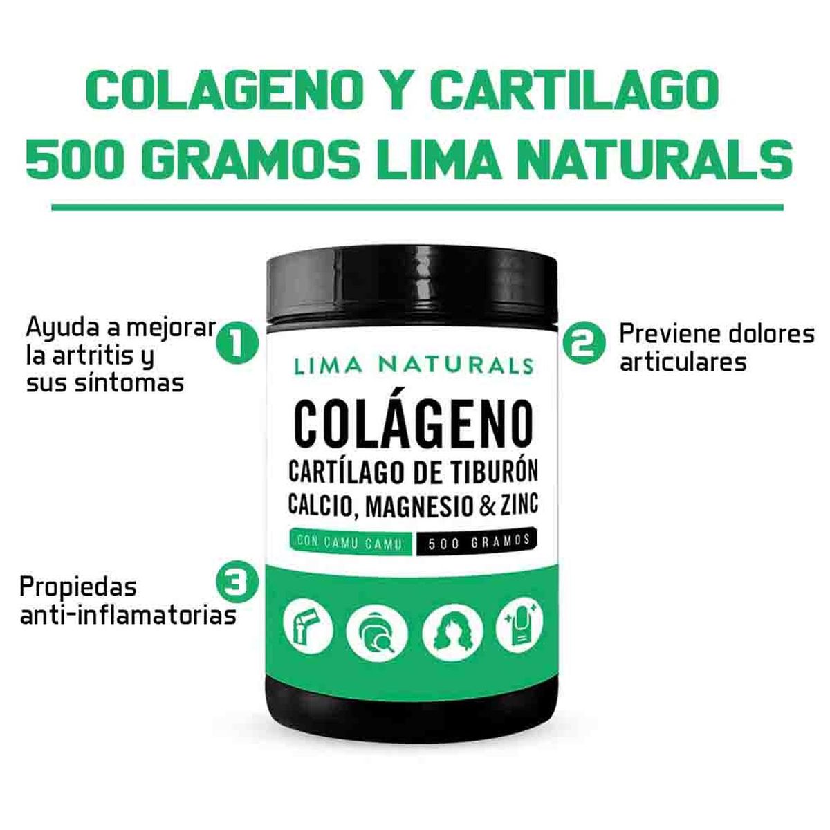 LIMA NATURALS - Colágeno, Cartilago de Tiburón, Magnesio 500 g Pack x 3