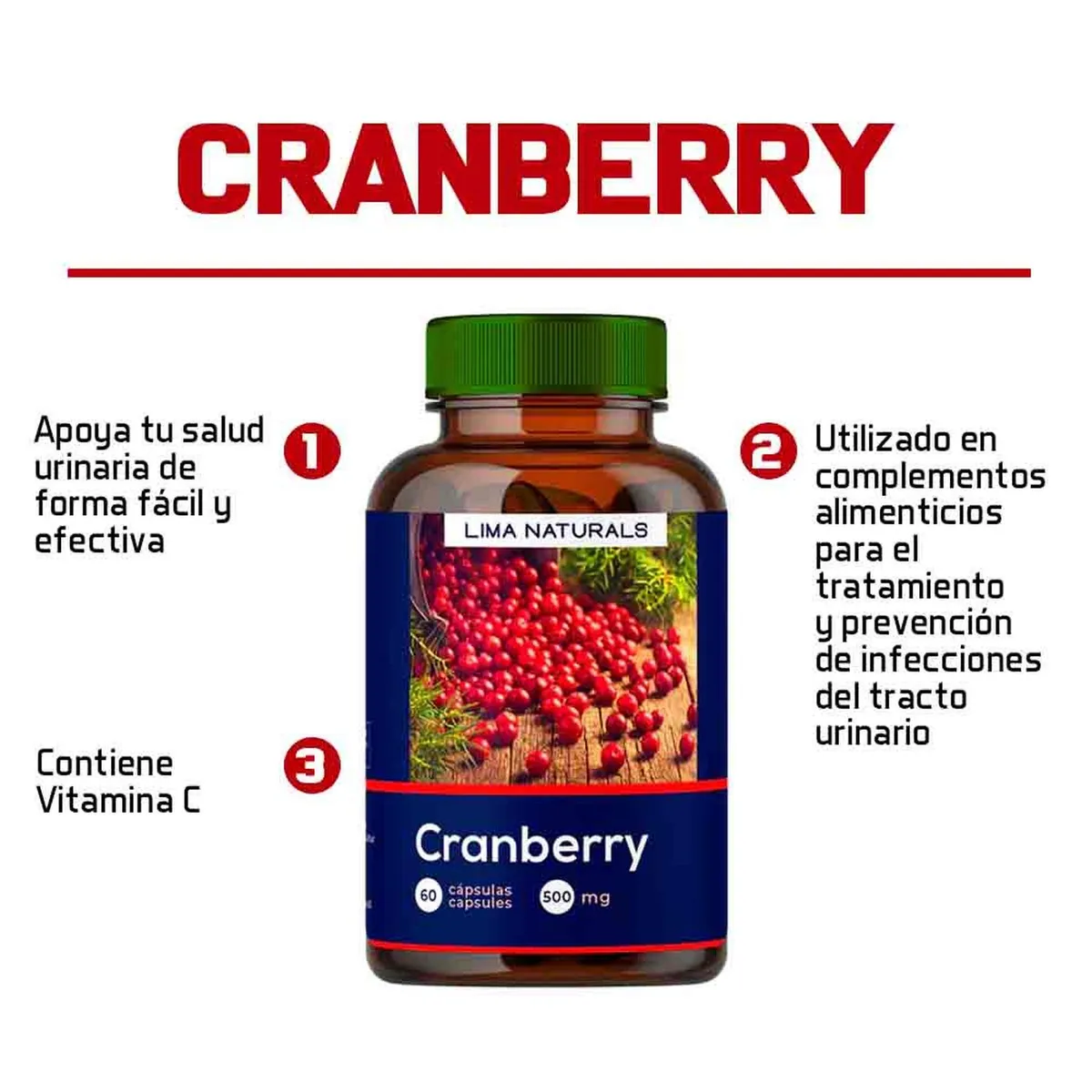 LIMA NATURALS - Pack 02 Frascos Cranberry Lima Naturals 60 Capsulas