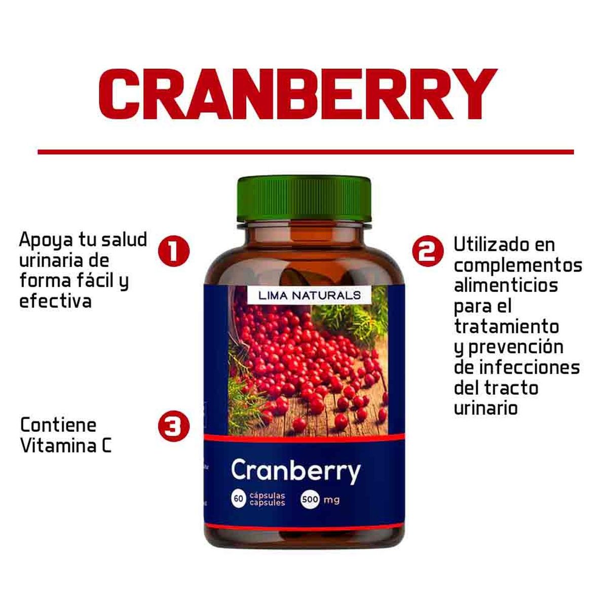 LIMA NATURALS - Pack 03 Frascos Cranberry Lima Naturals 60 Capsulas