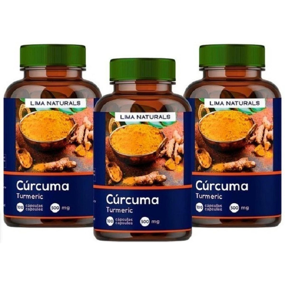 LIMA NATURALS - Pack 03 Frascos Curcuma Lima Naturals 100 Capsulas