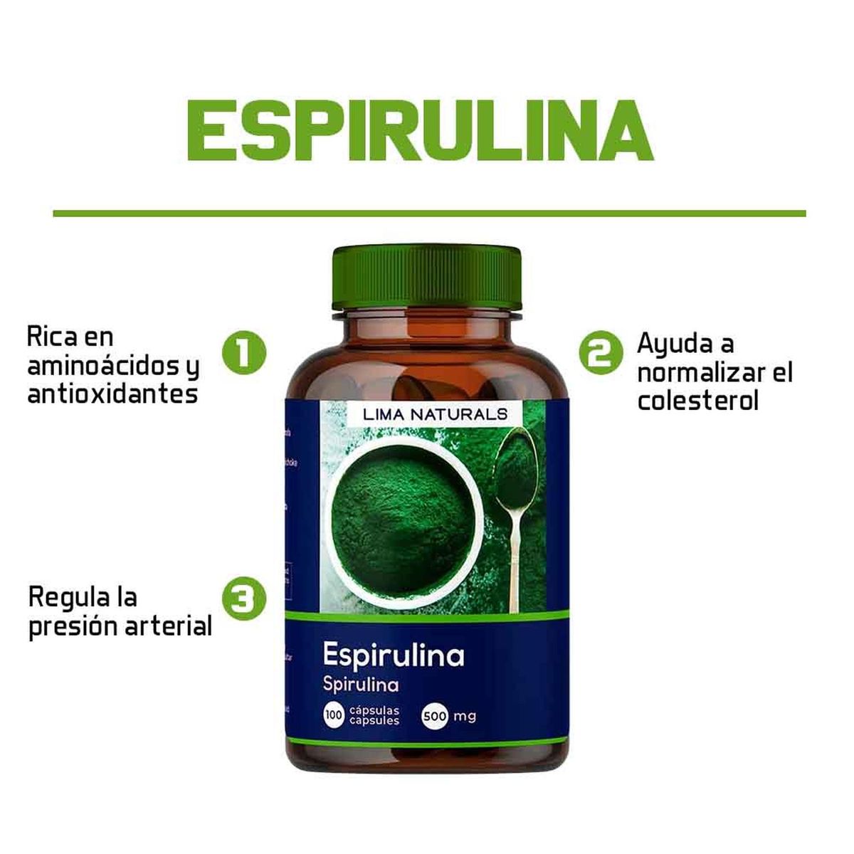LIMA NATURALS - Pack 02 Frascos Espirulina Lima Naturals 100 Capsulas