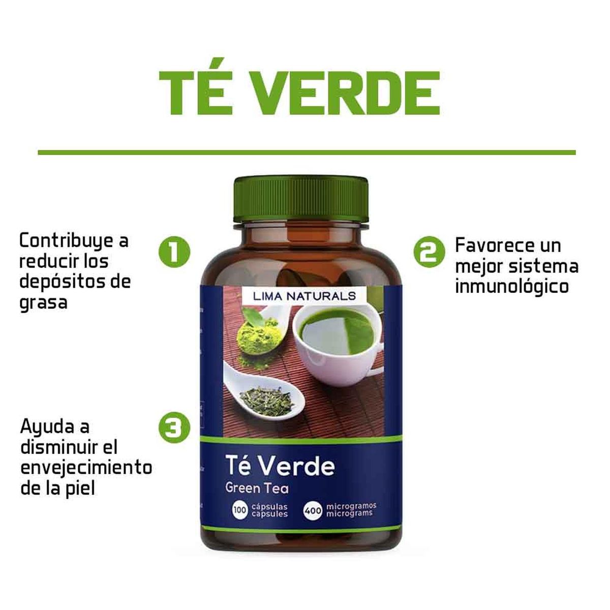 LIMA NATURALS - Pack 02 Frascos Te Verde Lima Naturals 100 Capsulas