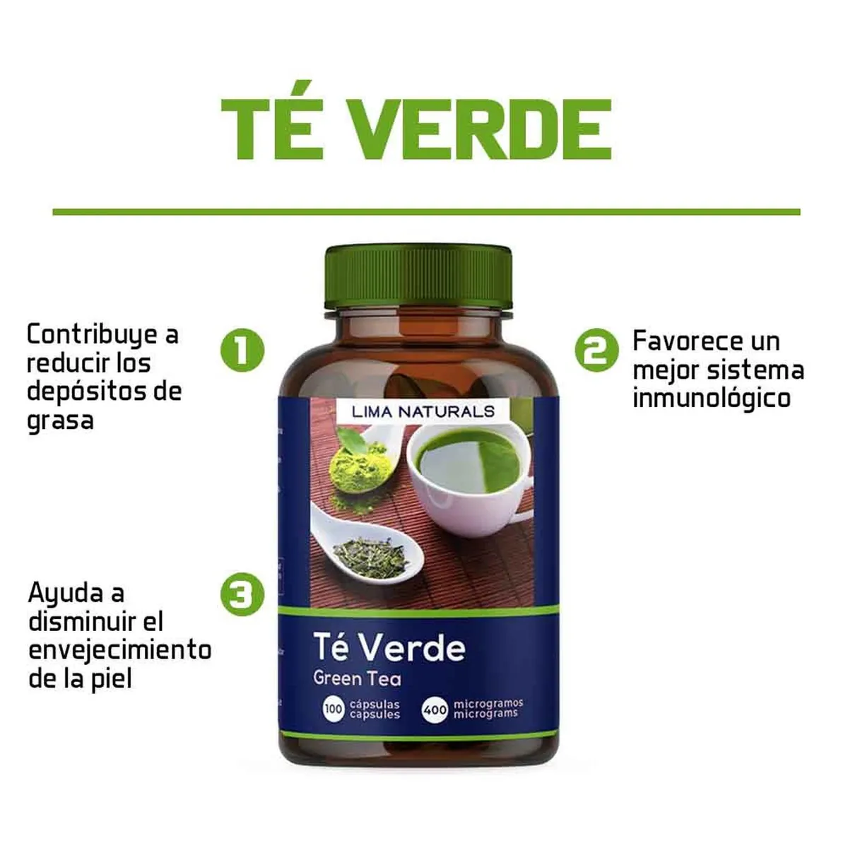 LIMA NATURALS - Pack 03 Frascos Te Verde Lima Naturals 100 Capsulas