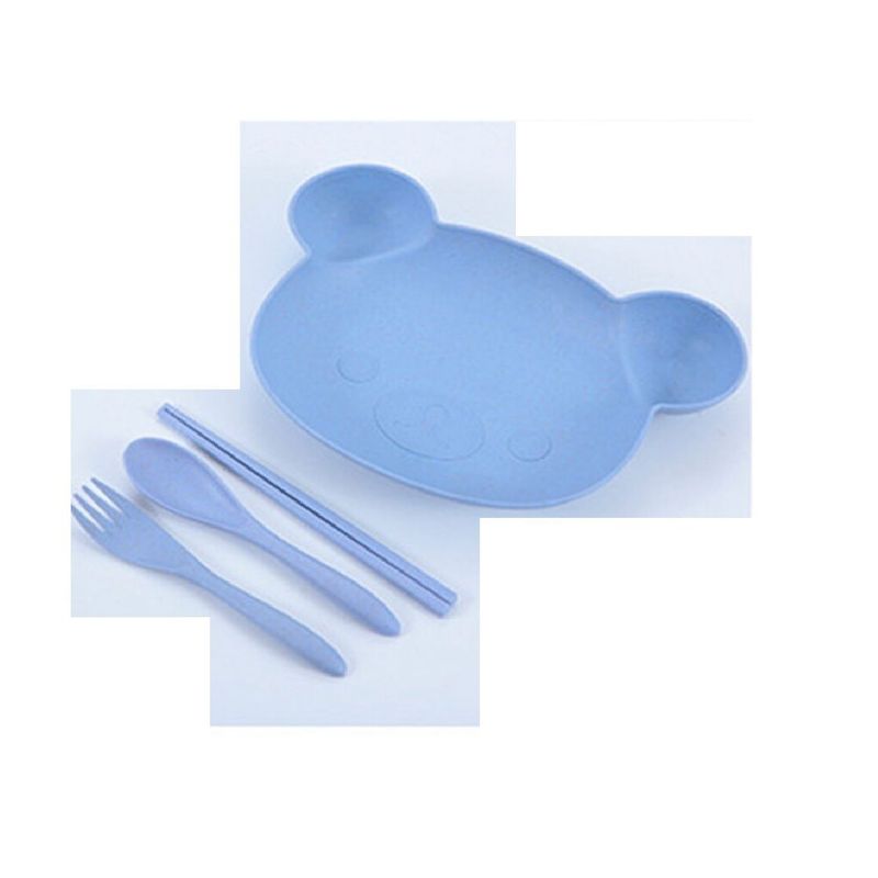 ITELSISTEM - Plato Para Bebé Bambú Oso Cubiertos Y Palitos blue