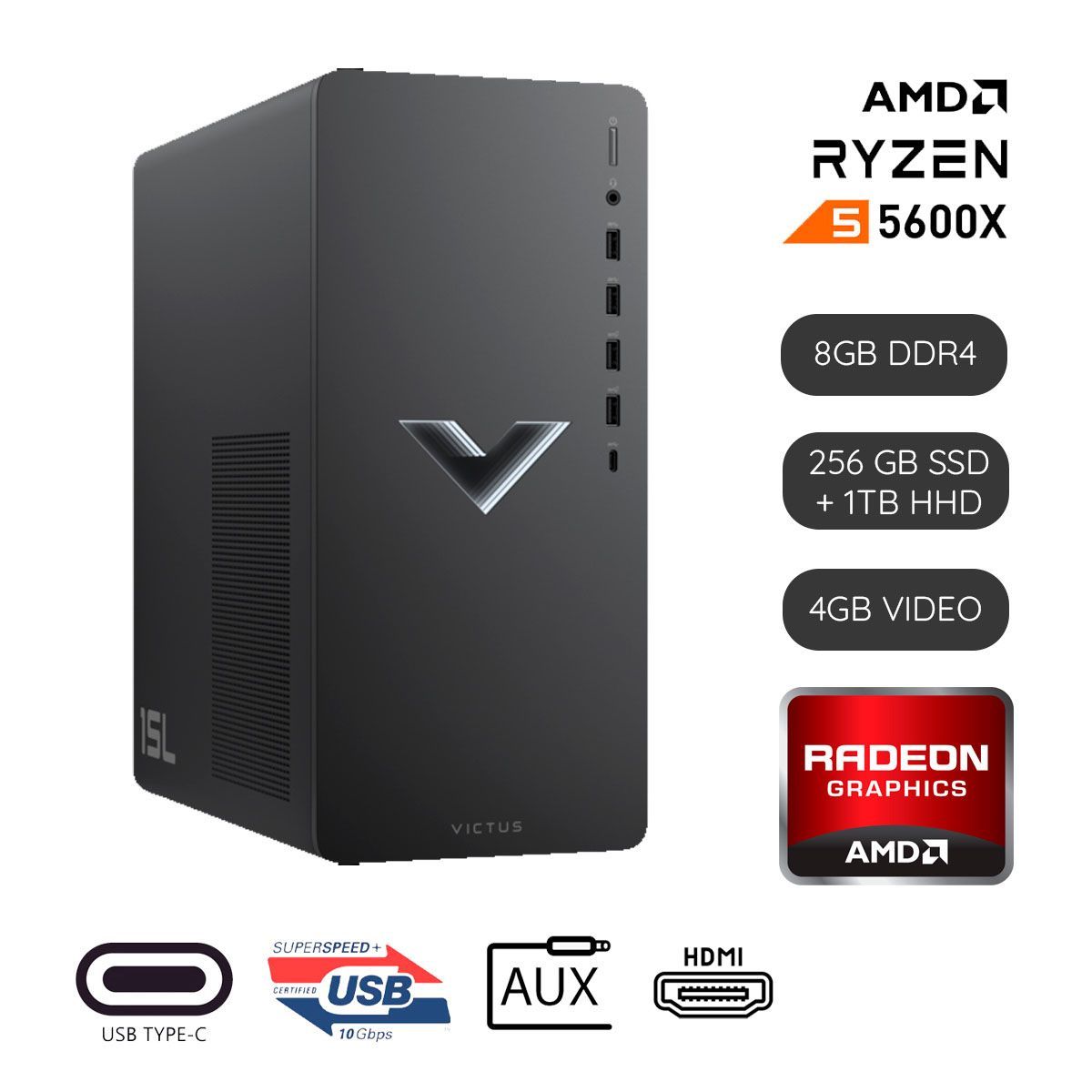 HP - PC HP 15L Gaming Desktop Ryzen5 5600G 8GB 1TB 256 SSD Video 4GB Win11+ Monitor