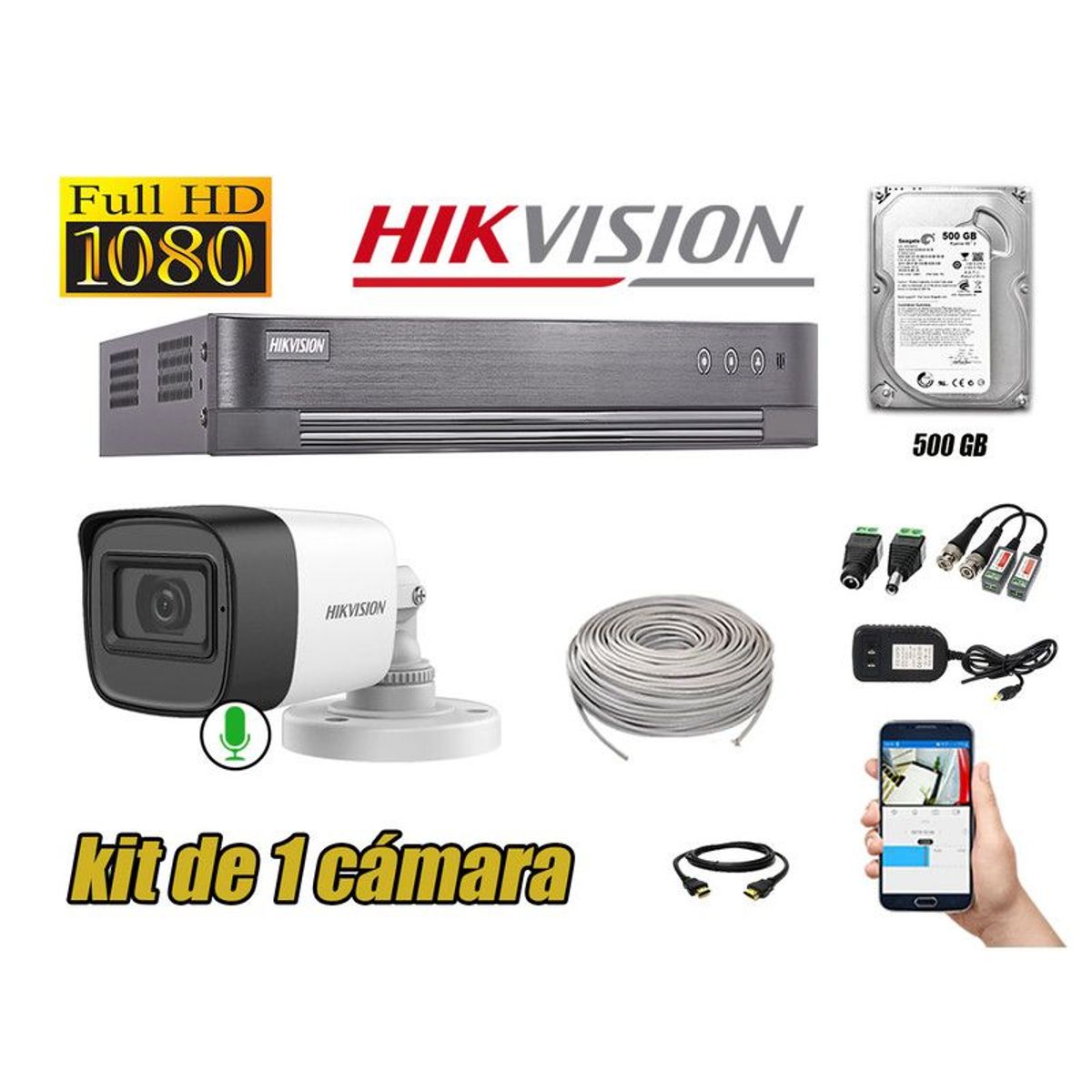 HIKVISION - CÁMARA SEGURIDAD TUBO KIT 1 FHD 1080P + DISCO 500GB AUDIO INCORPORADO