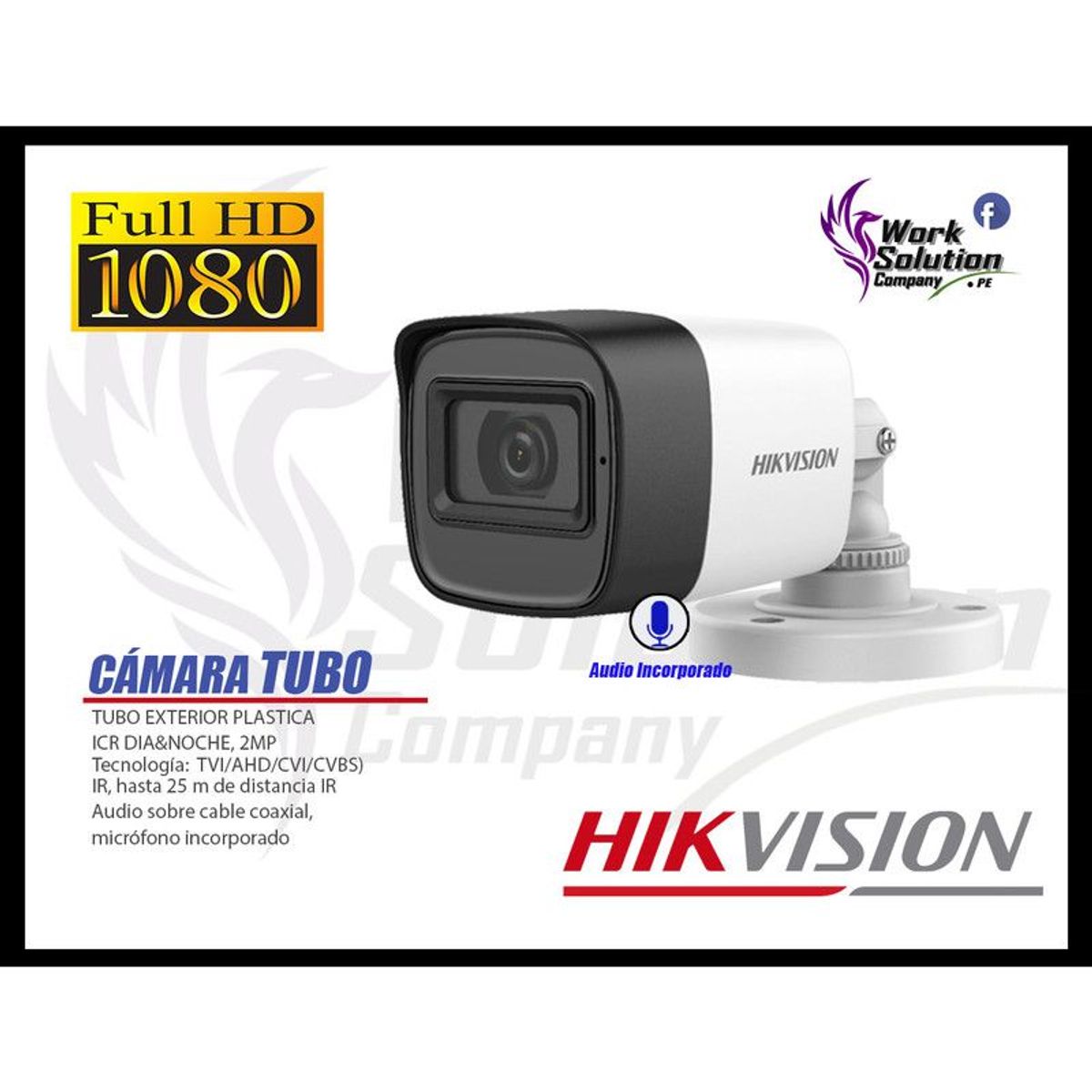 HIKVISION - CÁMARA SEGURIDAD TUBO KIT 1 FHD 1080P + DISCO 500GB AUDIO INCORPORADO