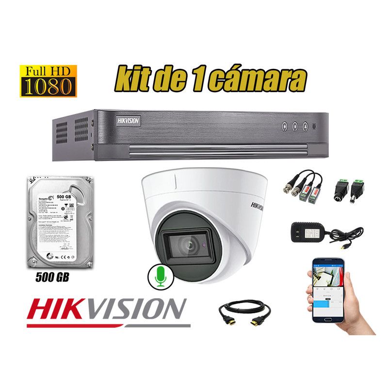 HIKVISION - CÁMARA SEGURIDAD DOMO KIT 1 FHD 1080P + DISCO 500GB AUDIO INCORPORADO