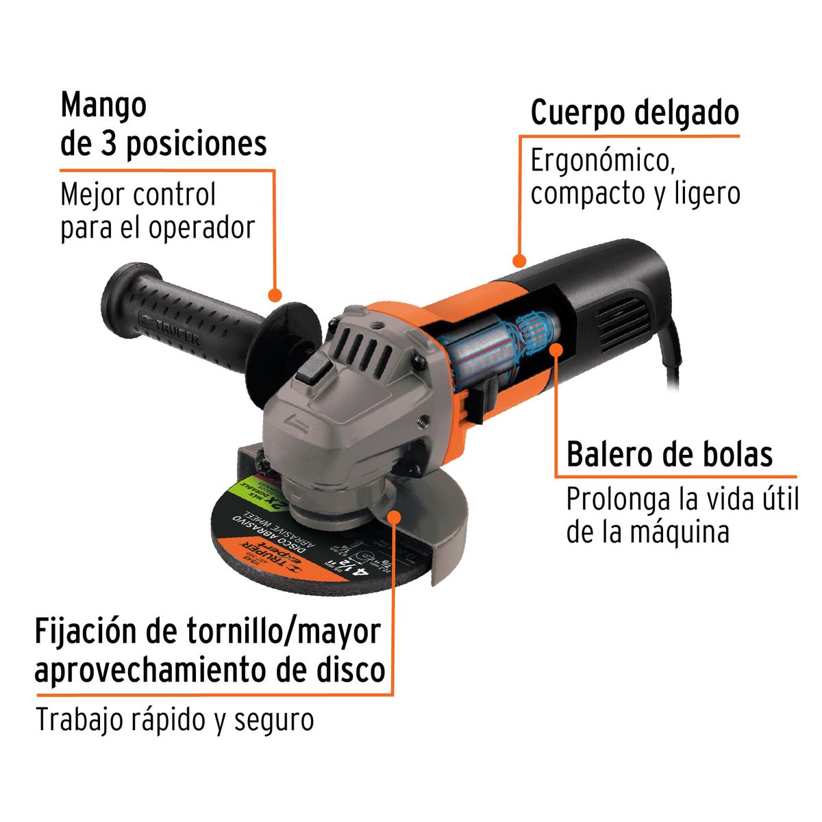 TRUPER - Amoladora Esmeril Angular 4 1/2" 800 W Truper