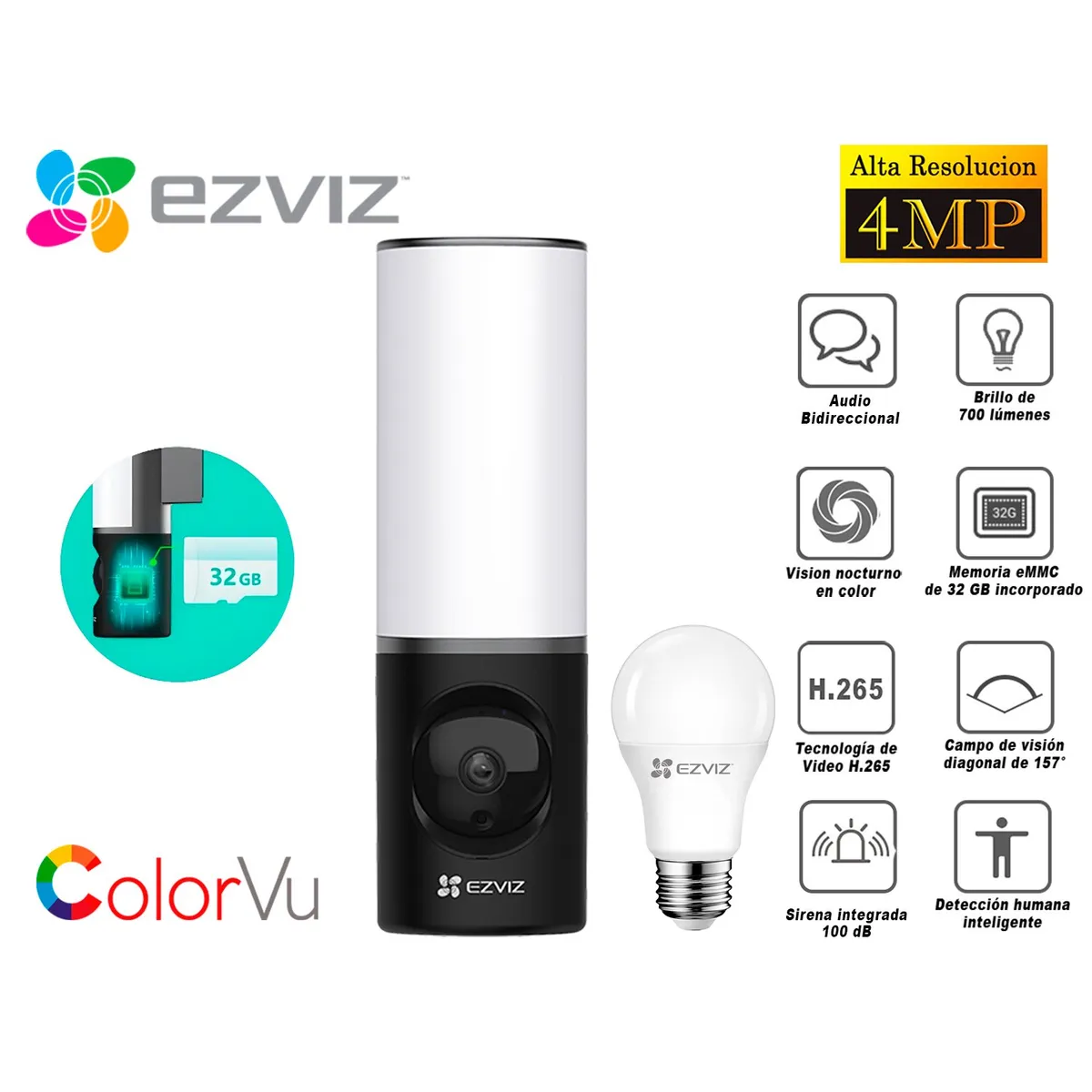 EZVIZ - Ezviz Cámara Wifi Lc3 2k 4Mp Iluminación Inteligente Sd 32Gb Incorporado + Foco LB1 regalo