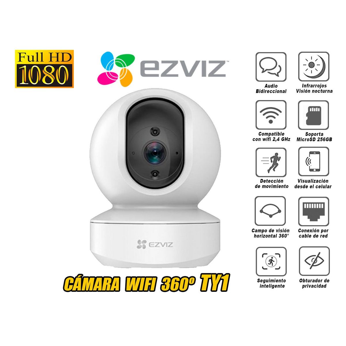 EZVIZ - Ezviz Cámara Seguridad Wifi Inalámbrica Gira 360° Ty1 Full Hd 1080P