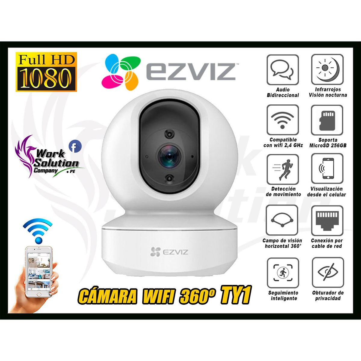 EZVIZ - Ezviz Cámara Seguridad Wifi Inalámbrica Gira 360° Ty1 Full Hd 1080P
