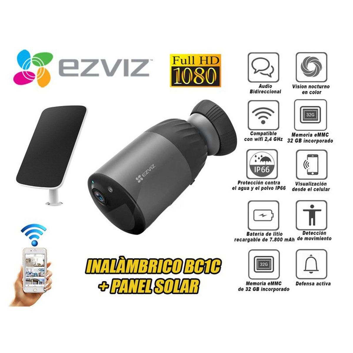EZVIZ - Cámara Seguridad Ezviz Wifi Inalambrico Bc1C  Panel Solar Sd 32Gb