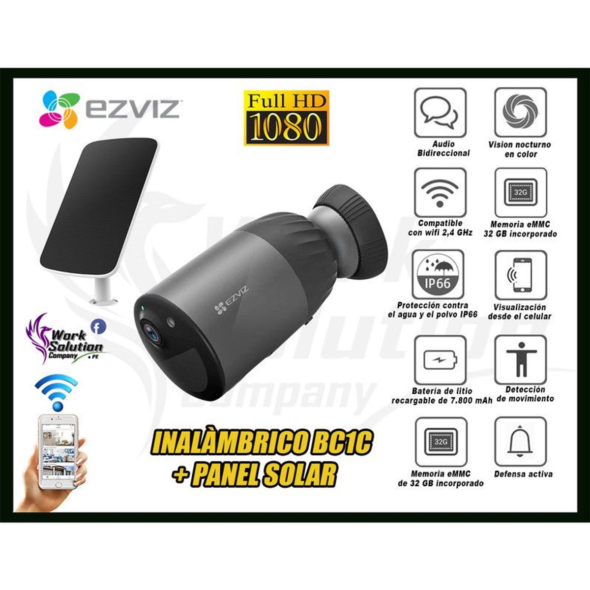 EZVIZ - Cámara Seguridad Ezviz Wifi Inalambrico Bc1C  Panel Solar Sd 32Gb