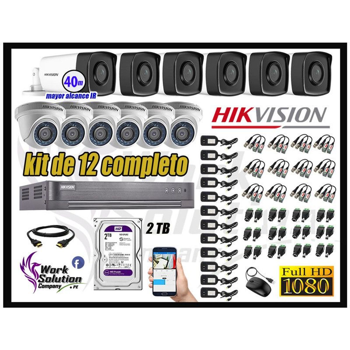 Hikvision - CÁMARAS SEGURIDAD KIT 12 IT3F FULL HD + DISCO 2TB MAYOR ALCANCE P2P