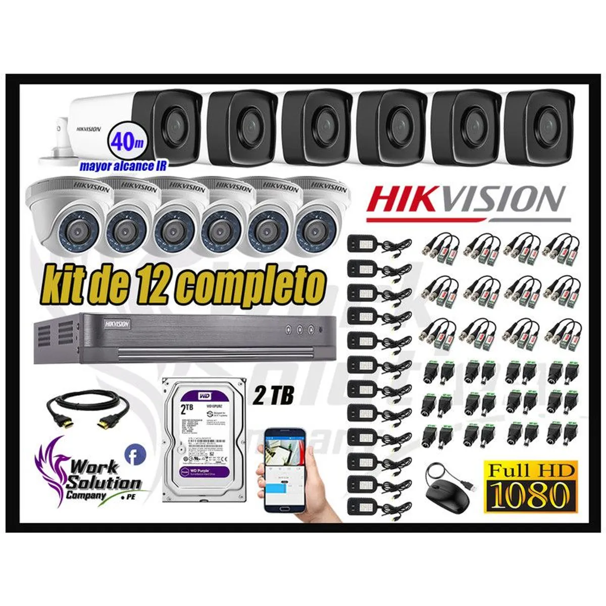 Hikvision - CÁMARAS SEGURIDAD KIT 12 IT3F FULL HD + DISCO 2TB MAYOR ALCANCE P2P