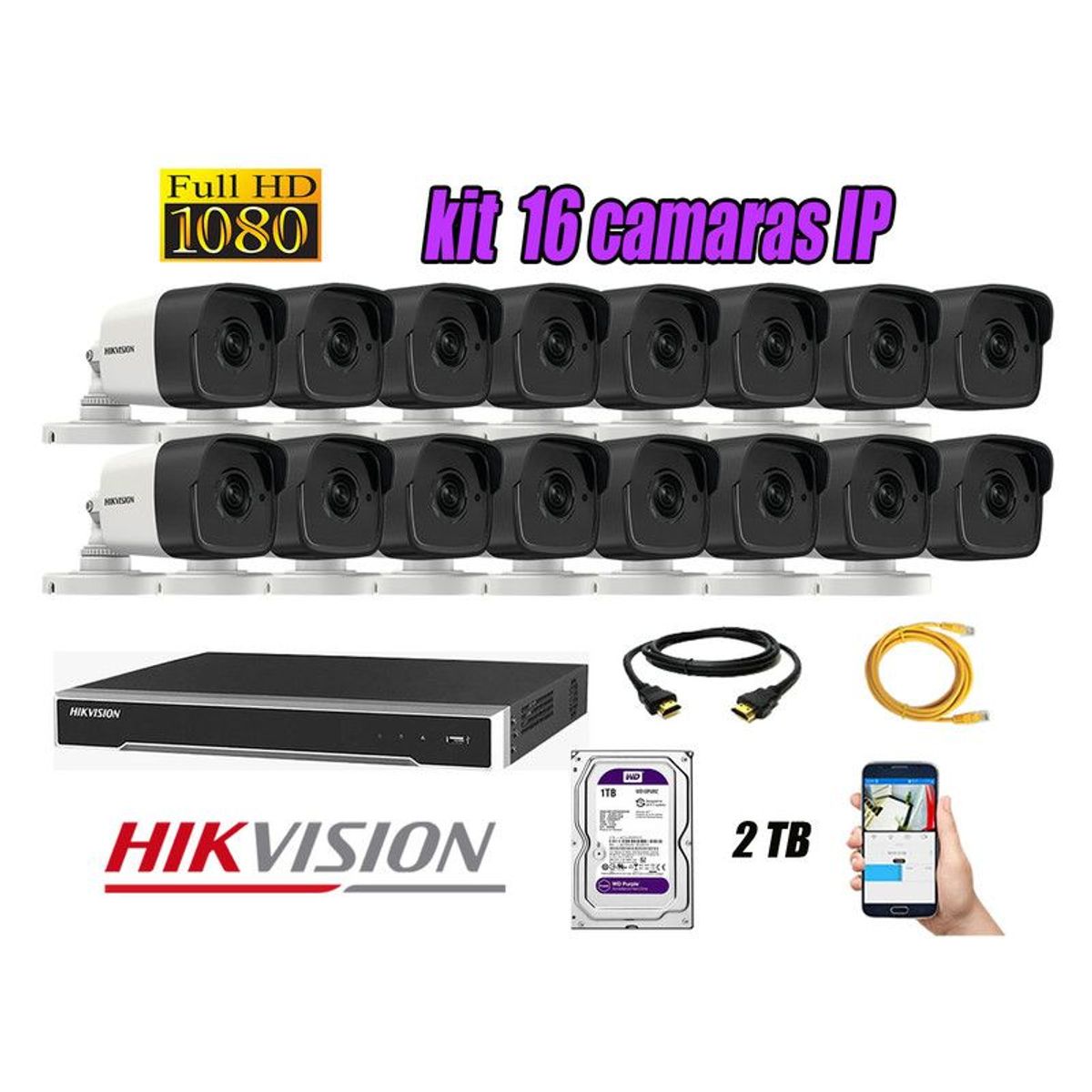 HIKVISION - CAMARAS SEGURIDAD KIT 16 IP POE 1080P EXTERIOR + DISCO 2TB WD PURPURA
