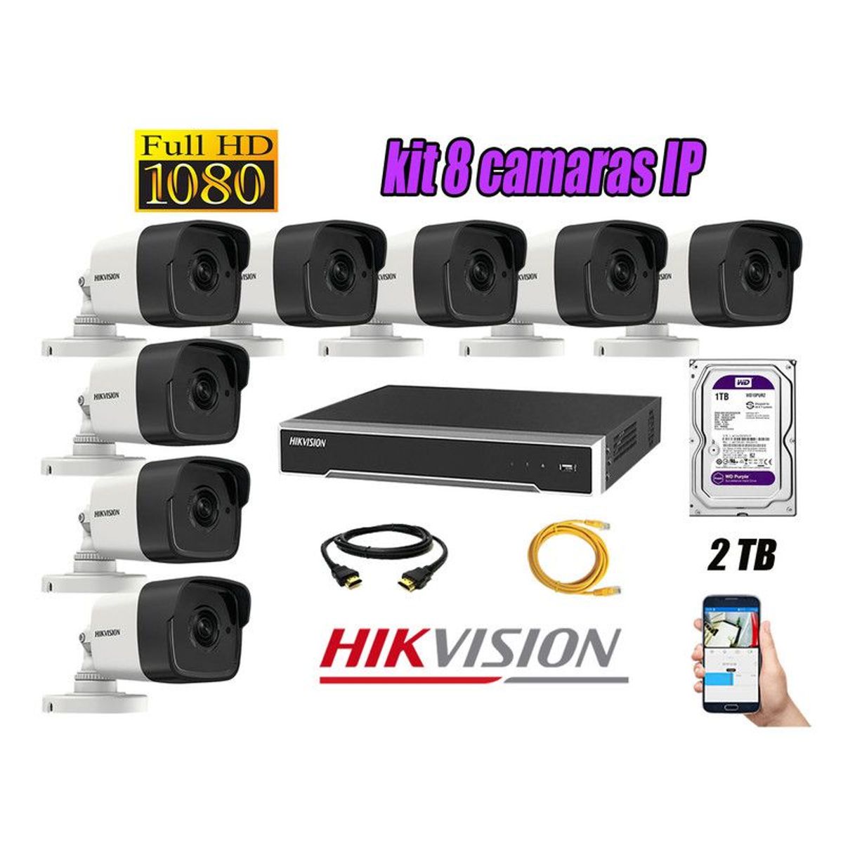 HIKVISION - CAMARAS SEGURIDAD KIT 8 IP POE 1080P EXTERIOR + DISCO 2TB WD PURPURA