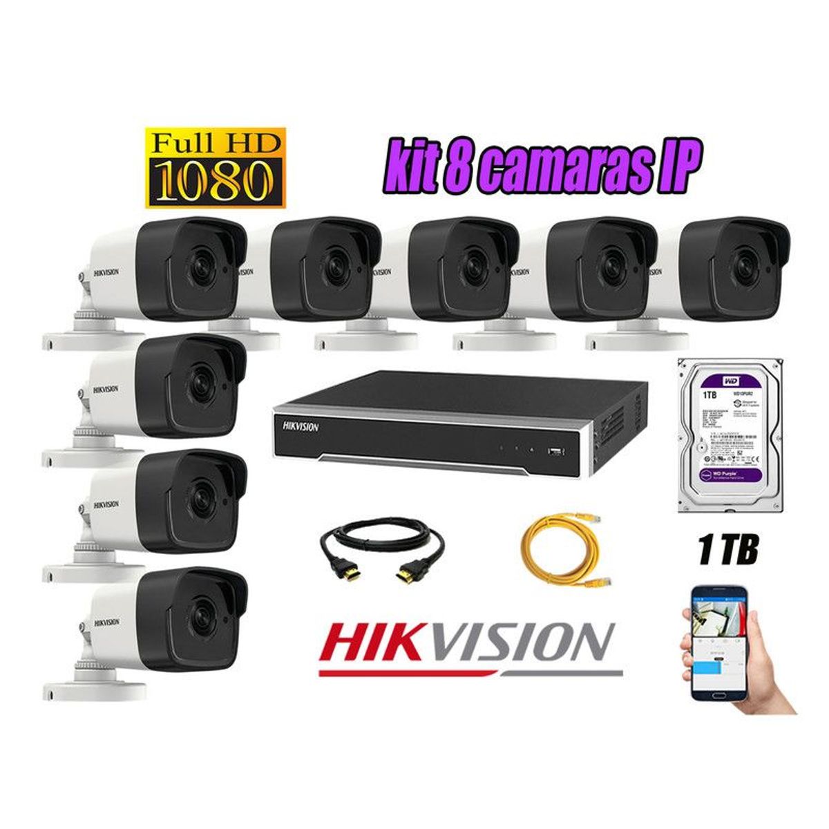HIKVISION - CAMARAS SEGURIDAD KIT 8 IP POE 1080P EXTERIOR + DISCO 1TB WD PURPURA