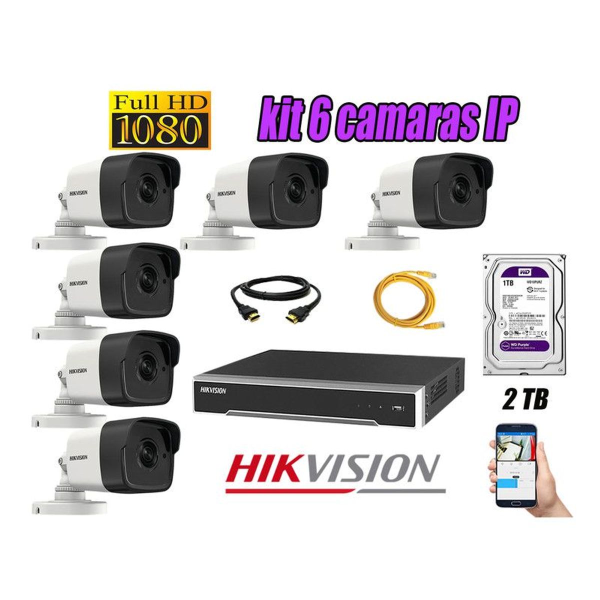 HIKVISION - CAMARAS SEGURIDAD KIT 6 IP POE 1080P EXTERIOR + DISCO 2TB WD PURPURA