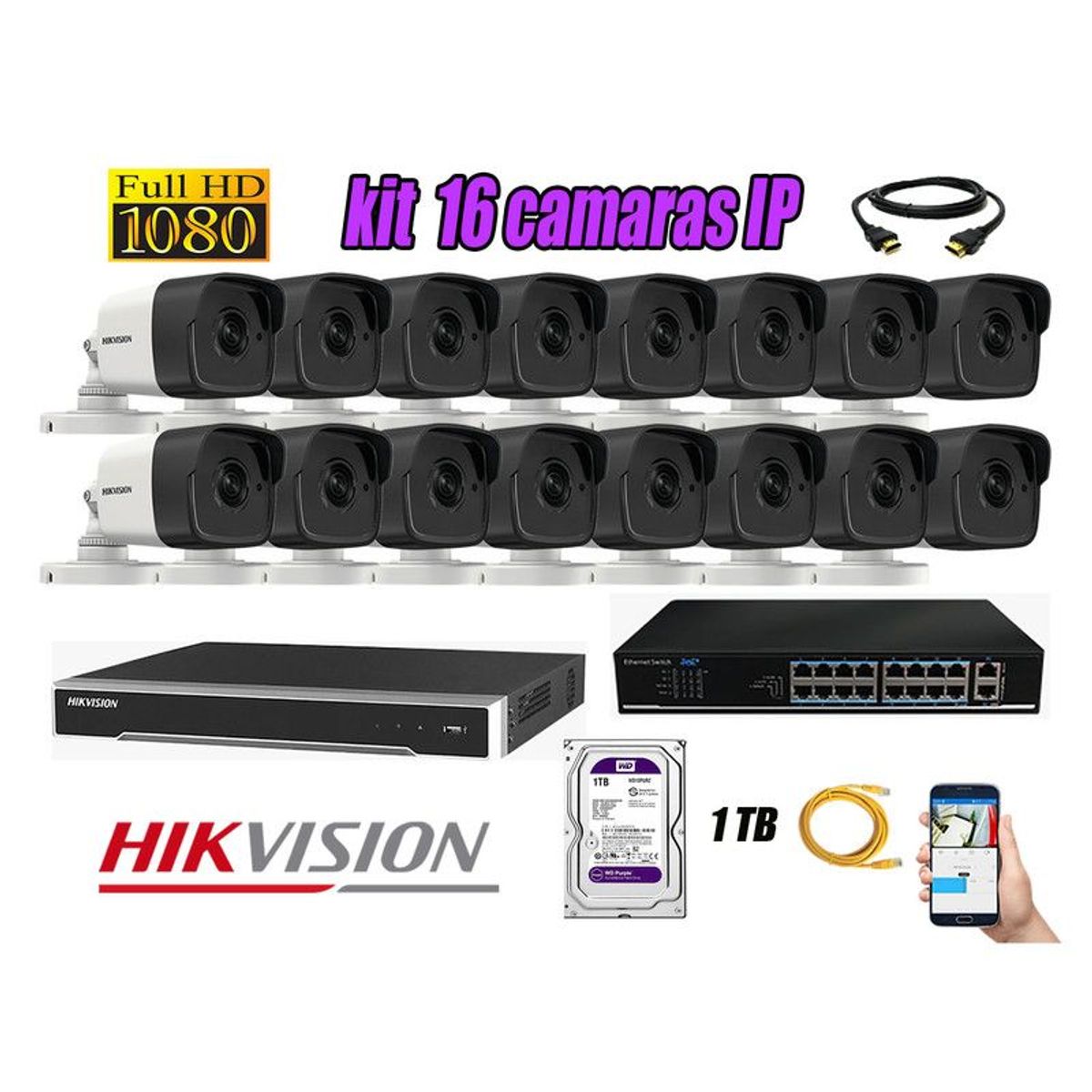 HIKVISION - CAMARAS SEGURIDAD KIT 16 IP 1080P EXTERIOR + DISCO 1TB WD PURPURA