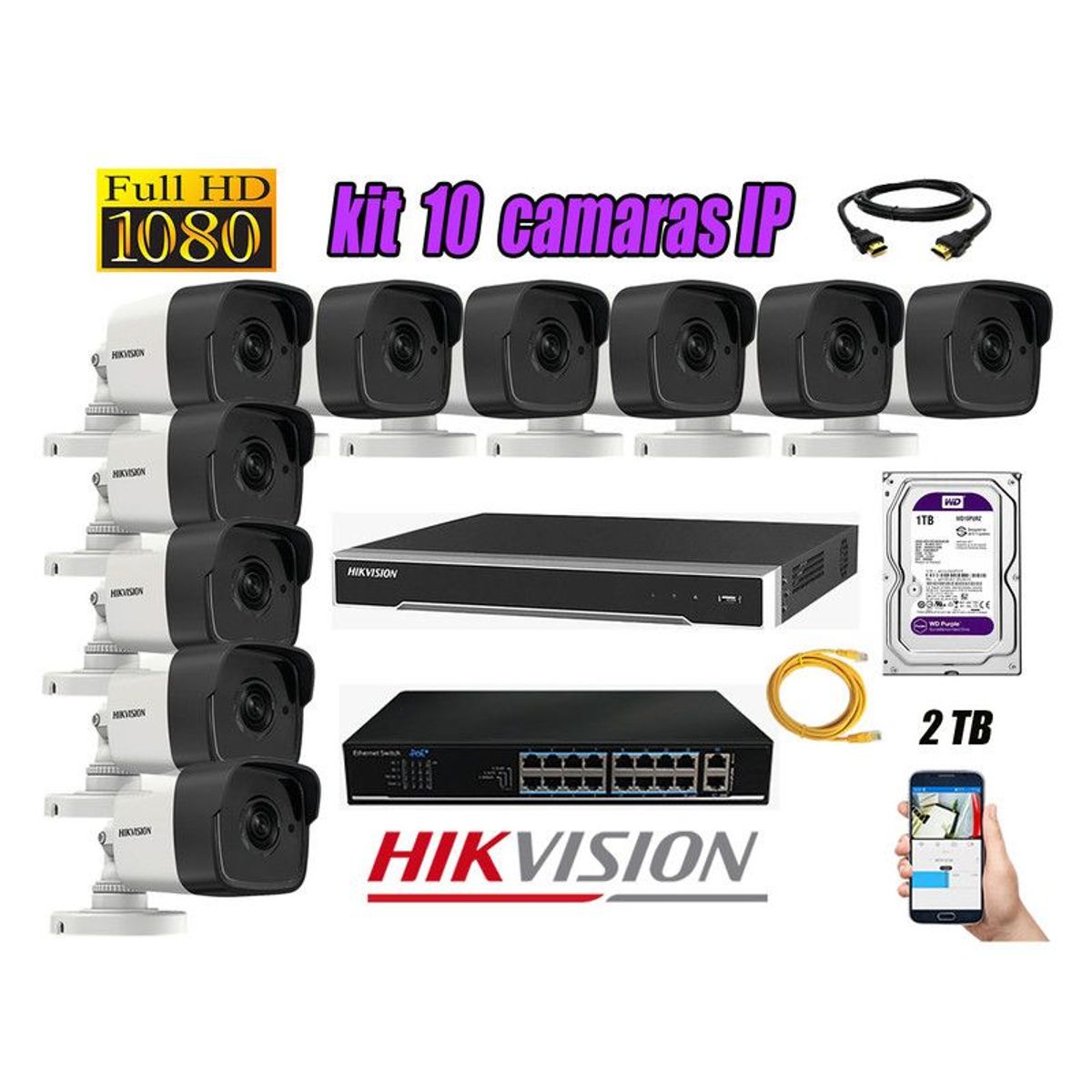 HIKVISION - CAMARAS SEGURIDAD KIT 10 IP 1080P EXTERIOR + DISCO 2TB WD PURPURA