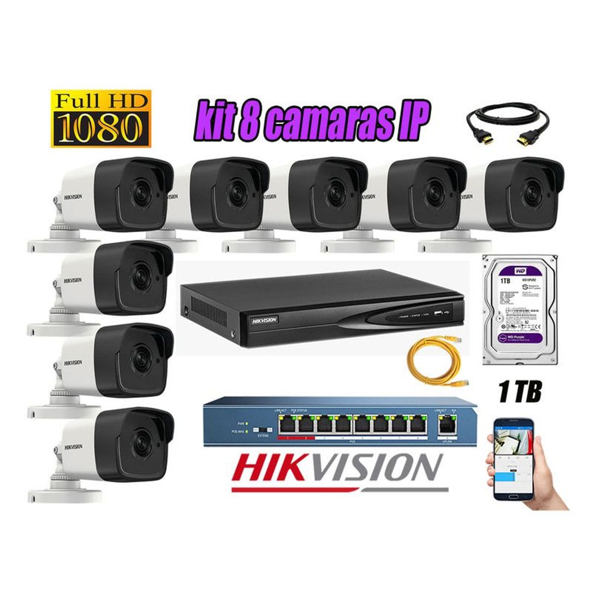 HIKVISION - CAMARAS SEGURIDAD KIT 8 IP 1080P EXTERIOR + DISCO 1TB WD PURPURA