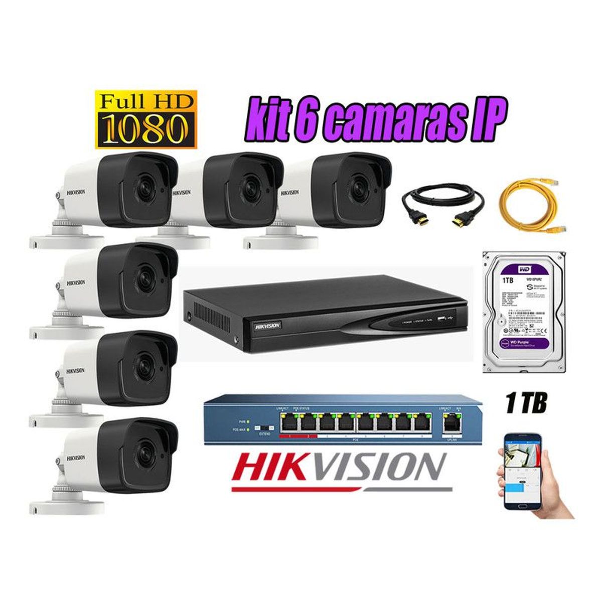CAMARAS SEGURIDAD KIT 6 IP 1080P EXTERIOR + DISCO 1TB WD PURPURA, marca Hikvision - Foto Principal