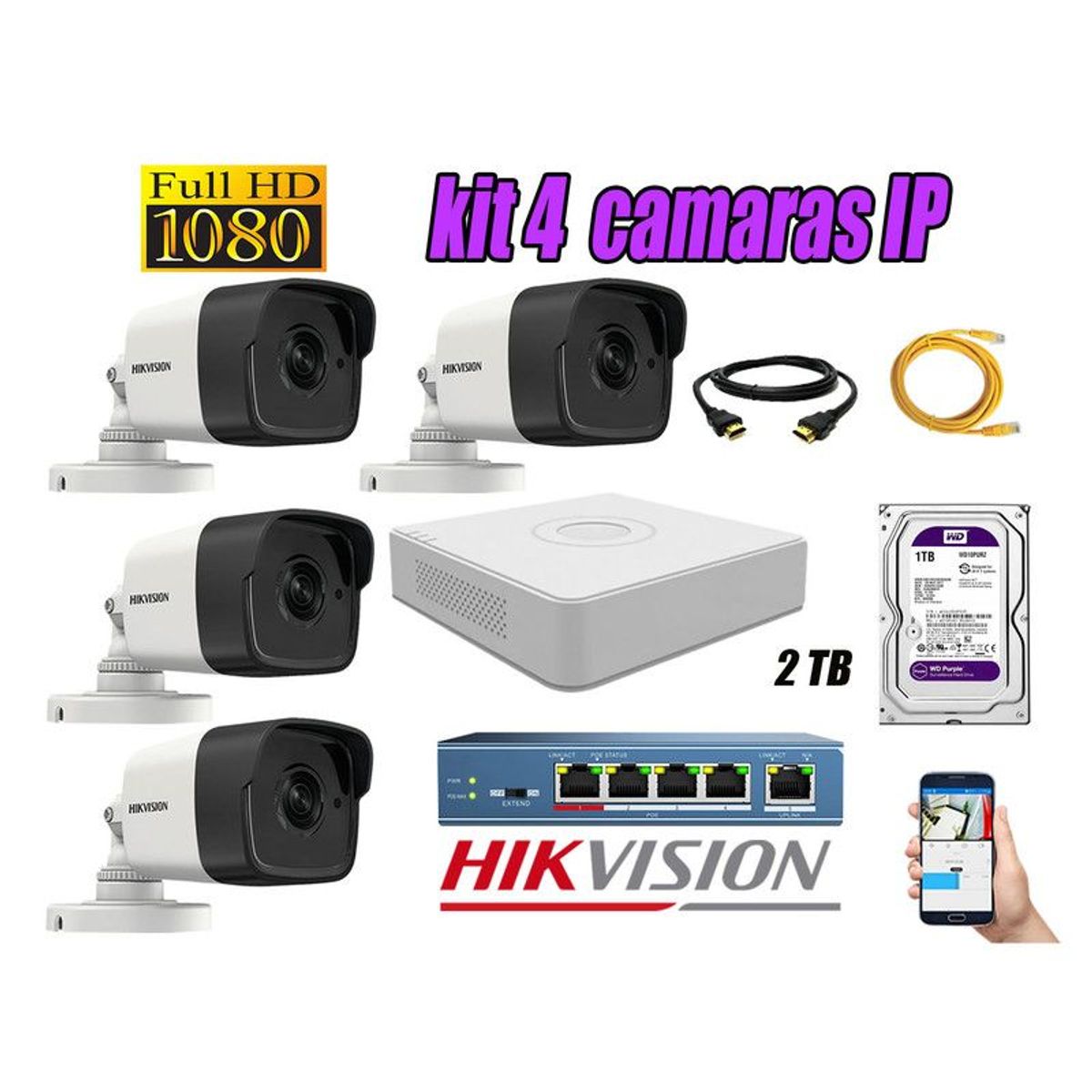 HIKVISION - CAMARAS SEGURIDAD KIT 4 IP 1080P EXTERIOR + DISCO 2TB WD PURPURA