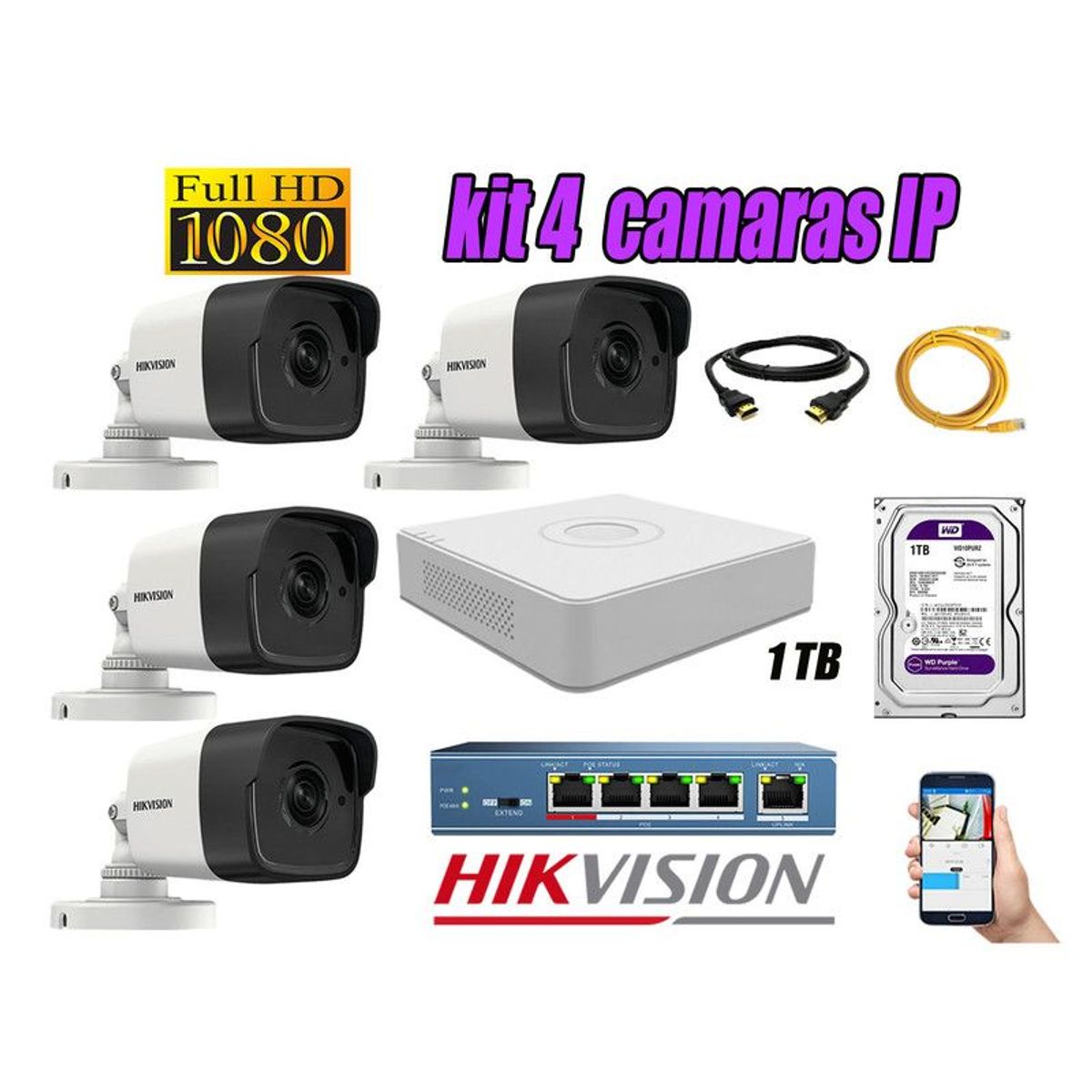 HIKVISION - CAMARAS SEGURIDAD KIT 4 IP 1080P EXTERIOR + DISCO 1TB WD PURPURA