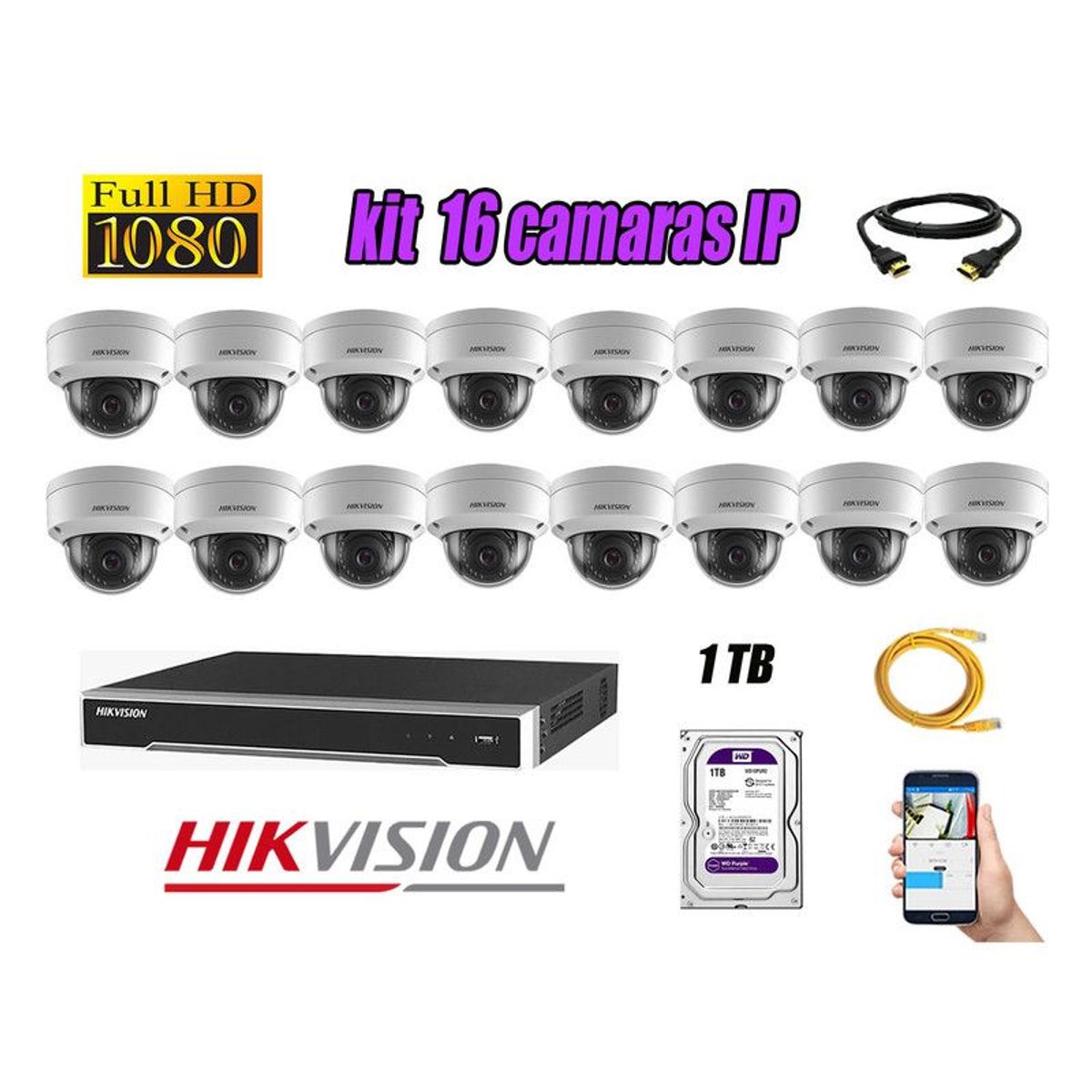 HIKVISION - CAMARAS SEGURIDAD KIT 16 IP POE 1080P INTERIOR + DISCO 1TB WD PURPURA