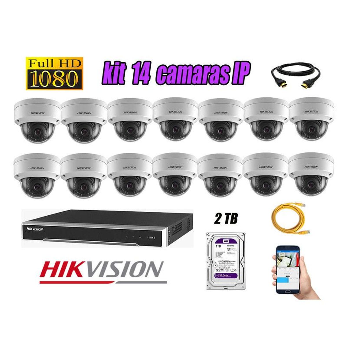 HIKVISION - CAMARAS SEGURIDAD KIT 14 IP POE 1080P INTERIOR + DISCO 2TB WD PURPURA