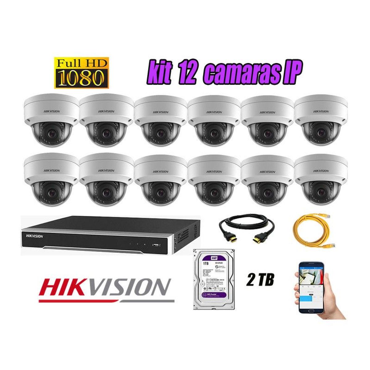 HIKVISION - CAMARAS SEGURIDAD KIT 12 IP POE 1080P INTERIOR + DISCO 2TB WD PURPURA
