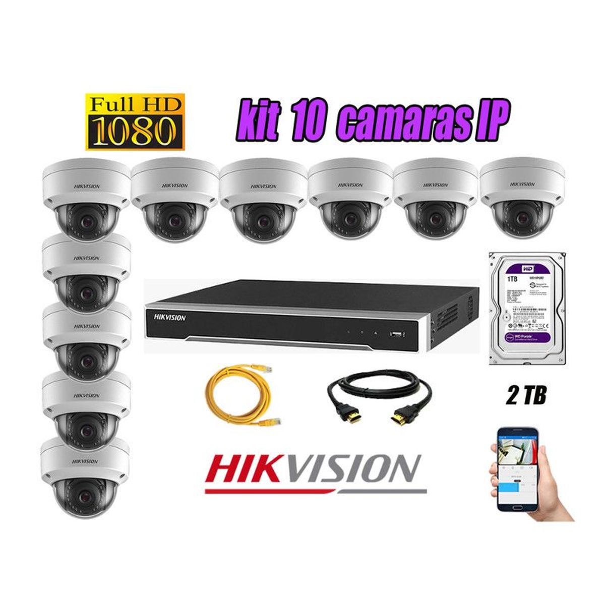 HIKVISION - CAMARAS SEGURIDAD KIT 10 IP POE 1080P INTERIOR + DISCO 2TB WD PURPURA