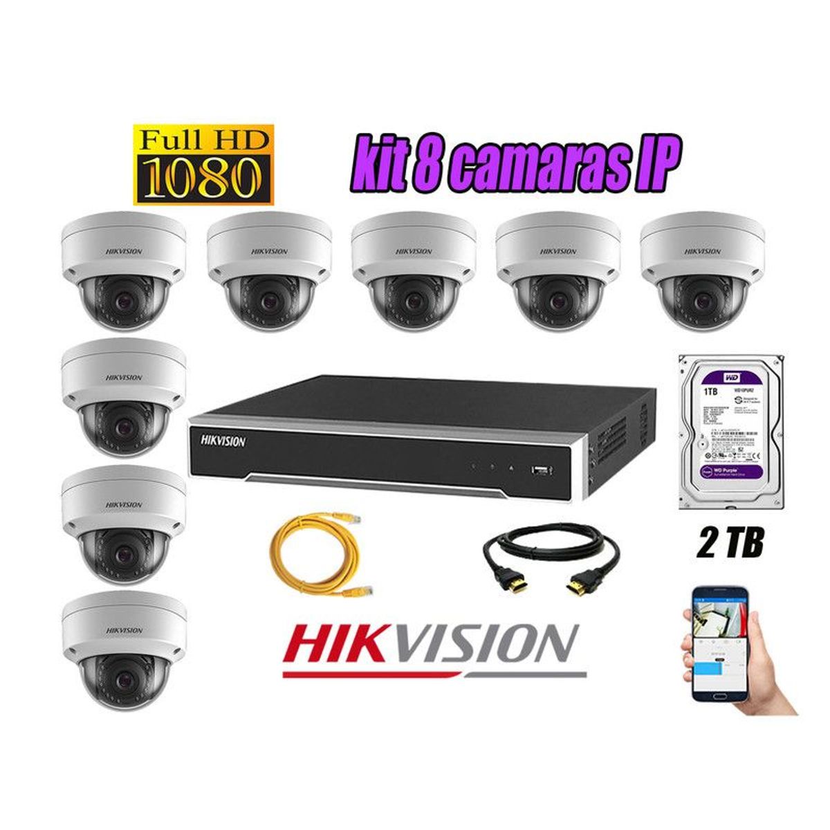 HIKVISION - CAMARAS SEGURIDAD KIT 8 IP POE 1080P INTERIOR + DISCO 2TB WD PURPURA