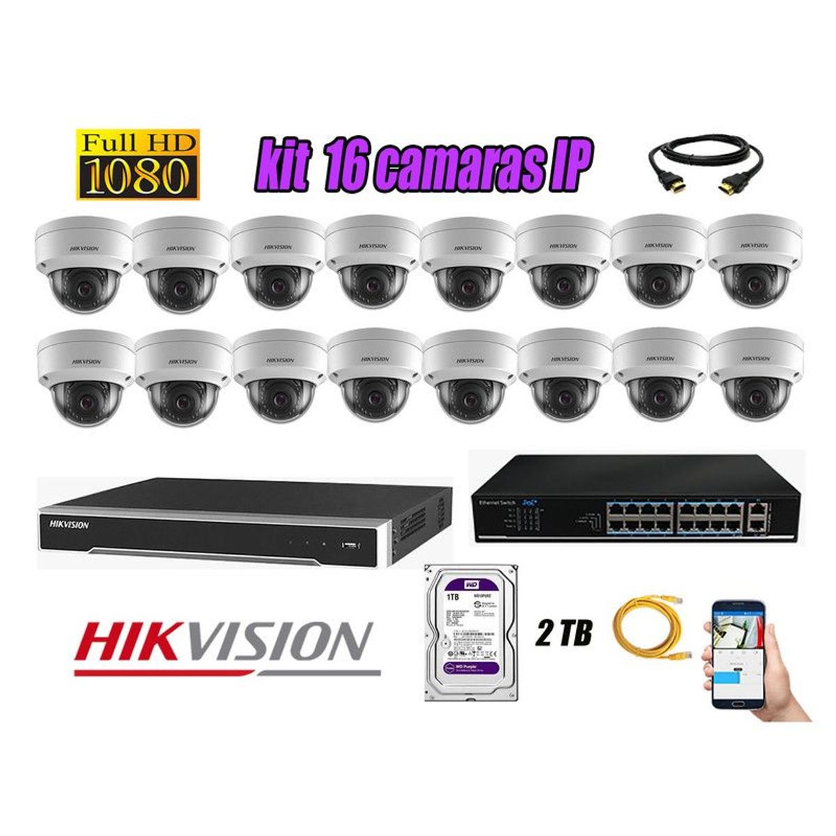 HIKVISION - CAMARAS SEGURIDAD KIT 16 IP 1080P INTERIOR + DISCO 2TB WD PURPURA