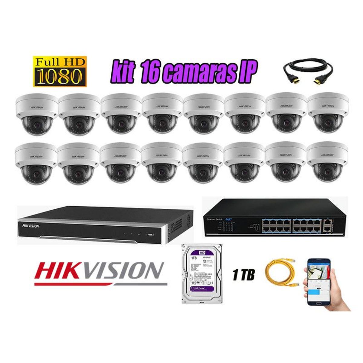 HIKVISION - CAMARAS SEGURIDAD KIT 16 IP 1080P INTERIOR + DISCO 1TB WD PURPURA